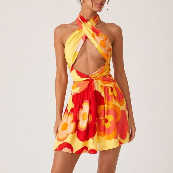Sabo Skirt Dresses & Skirts - Sabo Skirt Amina Floral Halter Mini Dress Womens XS Yellow Cutout Boho Resort